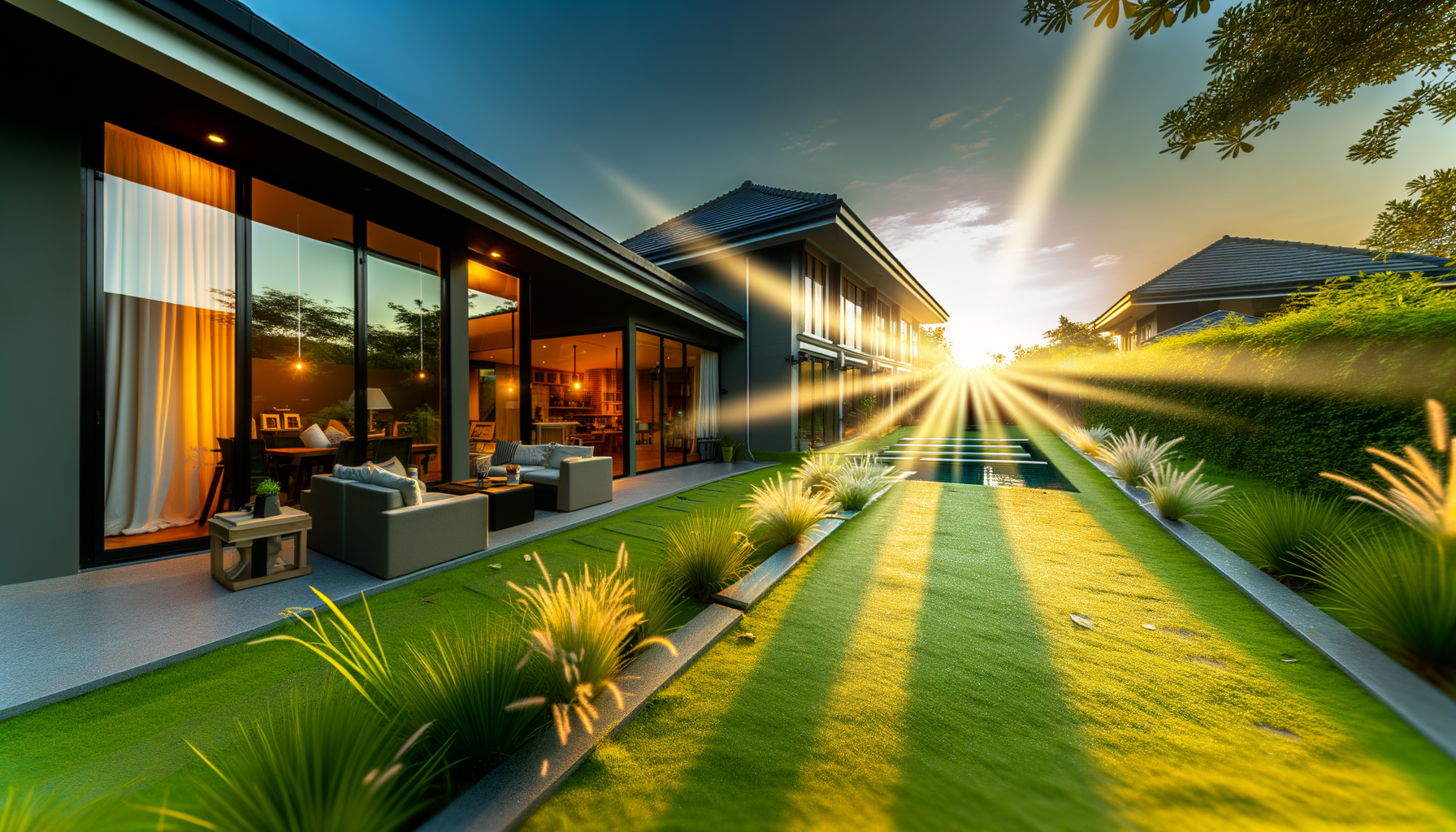 Serene sunrise over modern home representing financial security achieved through passive income
