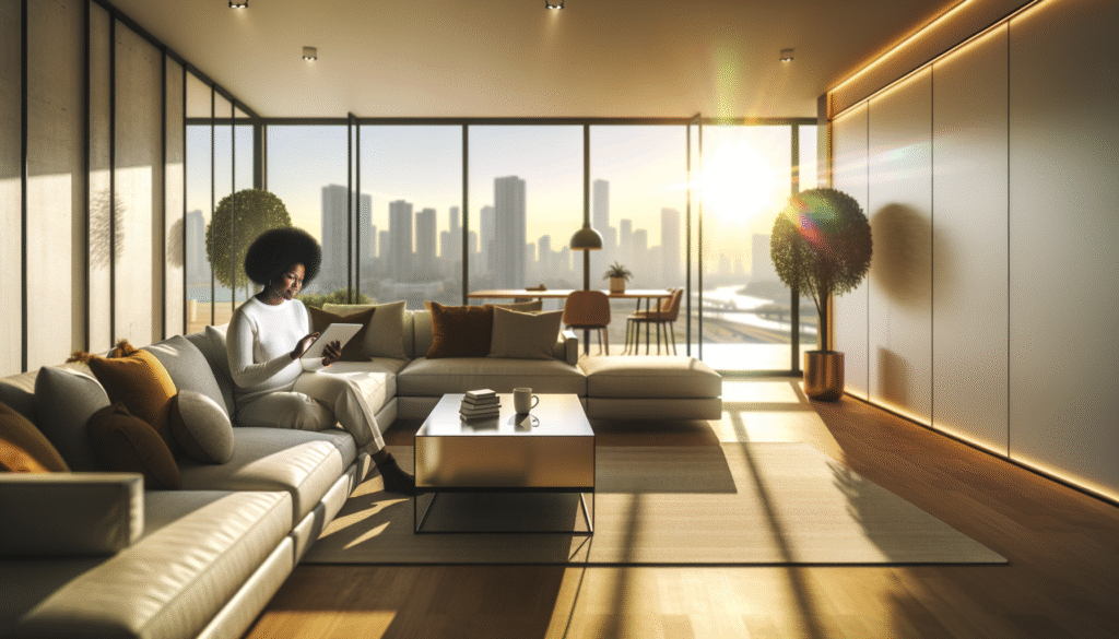 Professional investor reviewing dividend portfolio performance on laptop in modern apartment with city views